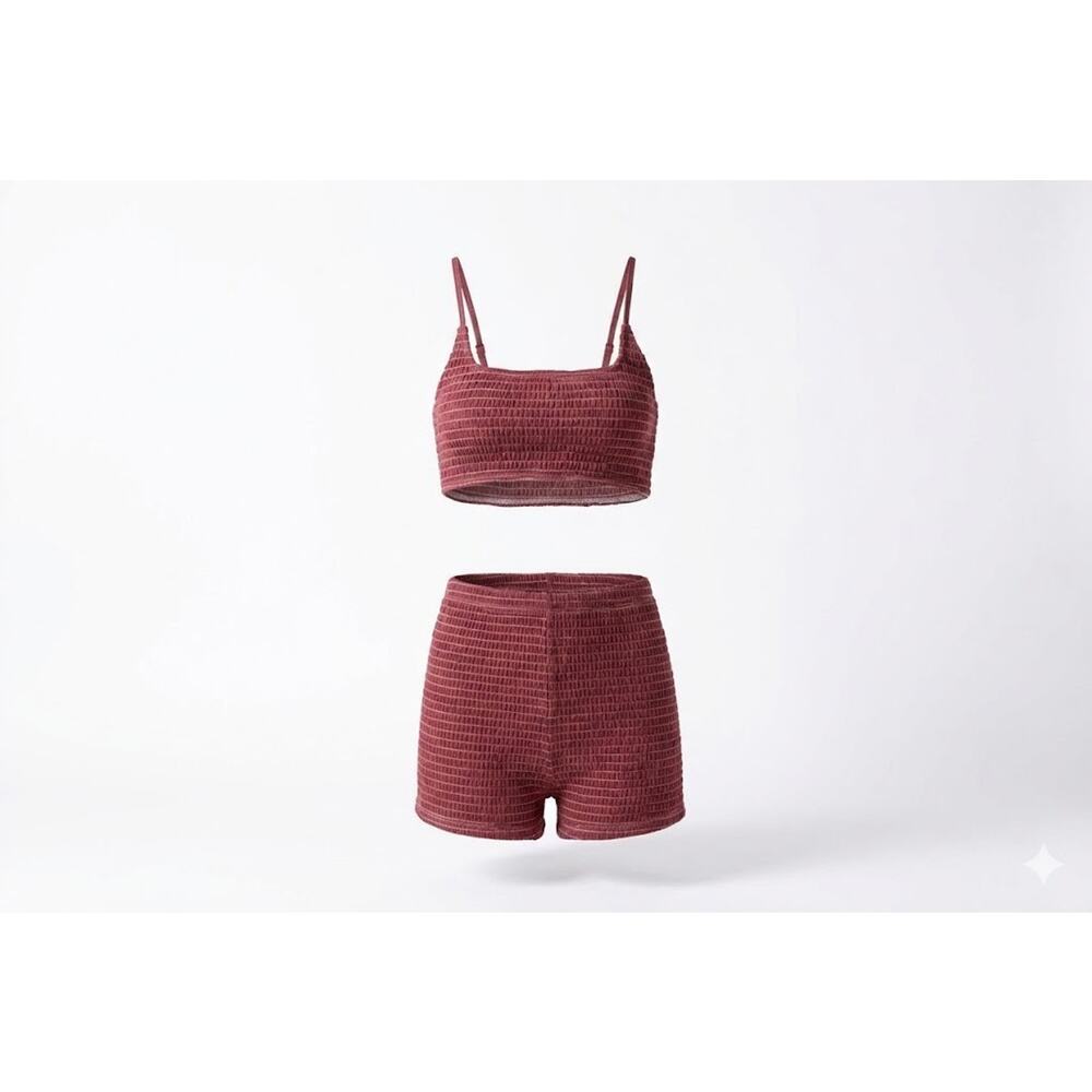 Wild Fable Maroon Pucker Textured Bikini Set Square Neck Bralette High Waist Sho